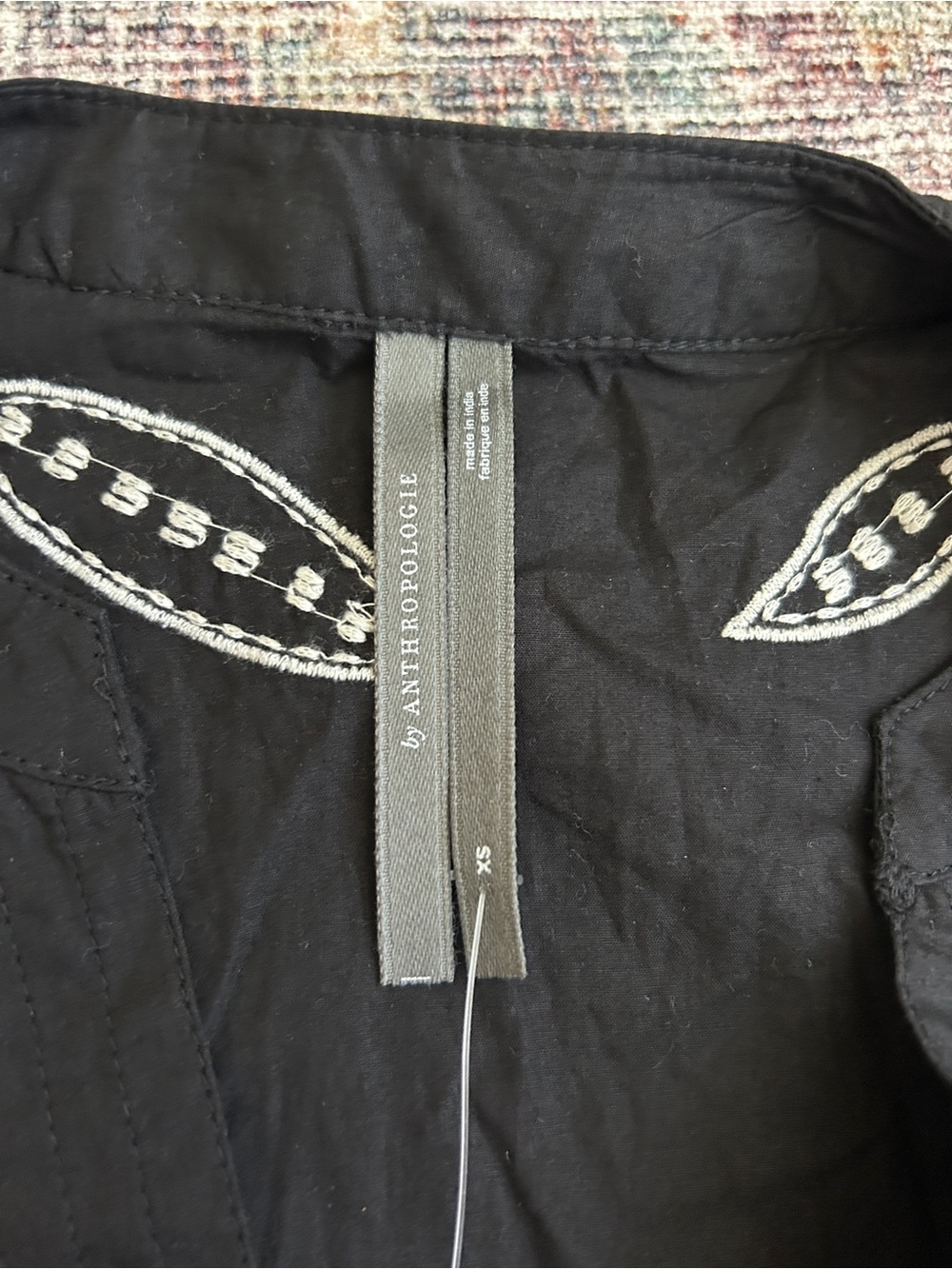 Anthropologie Black Top with White Leaf Embroidery - Picture 2 of 4